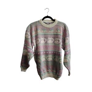 VTG Rose Women's XL Knit Christmas Style White Pink and Blue Cat Pattern Sweater